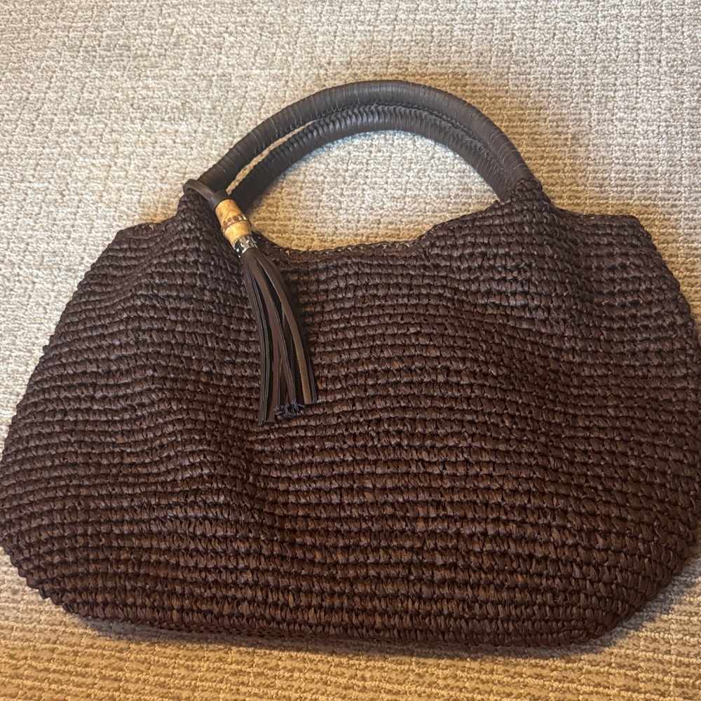 Tommy Bahama Dark Brown Woven Tote Bag with Tassel